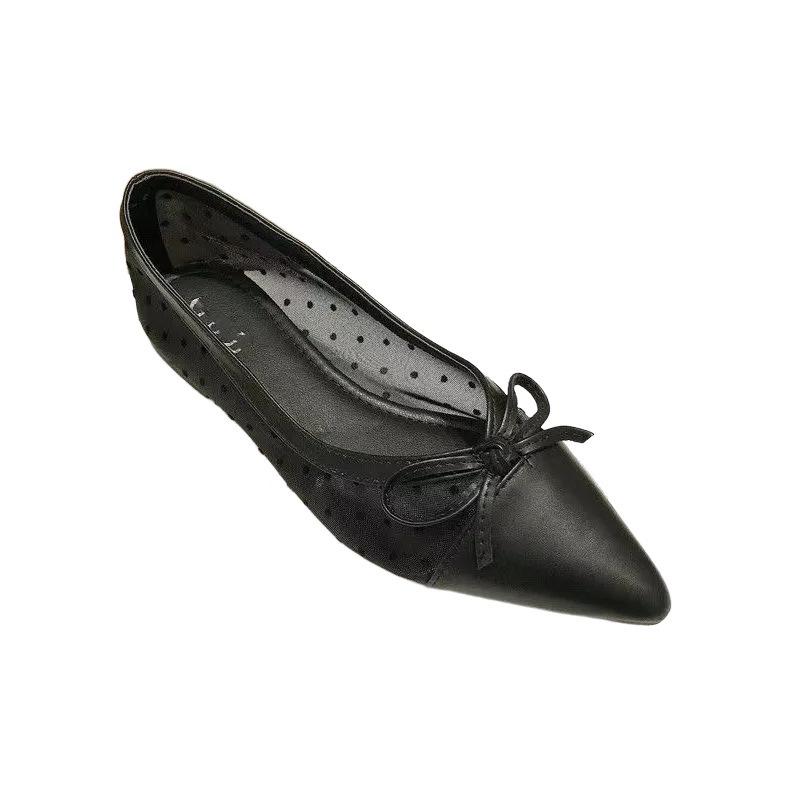 2025 New Pointed Mesh Flat Shoes To Work Breathable Bow Sandals Hollow Soft Sole Shallow Mouth Outer Wear Single Shoes