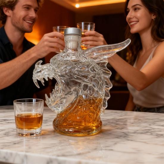 Karafka do whisky z głową smoka z silikonowym korkiem 320 ml szklany dozownik do alkoholu na bourbon tequilę nowość artystyczne szkło barowe unikalny wystrój domu