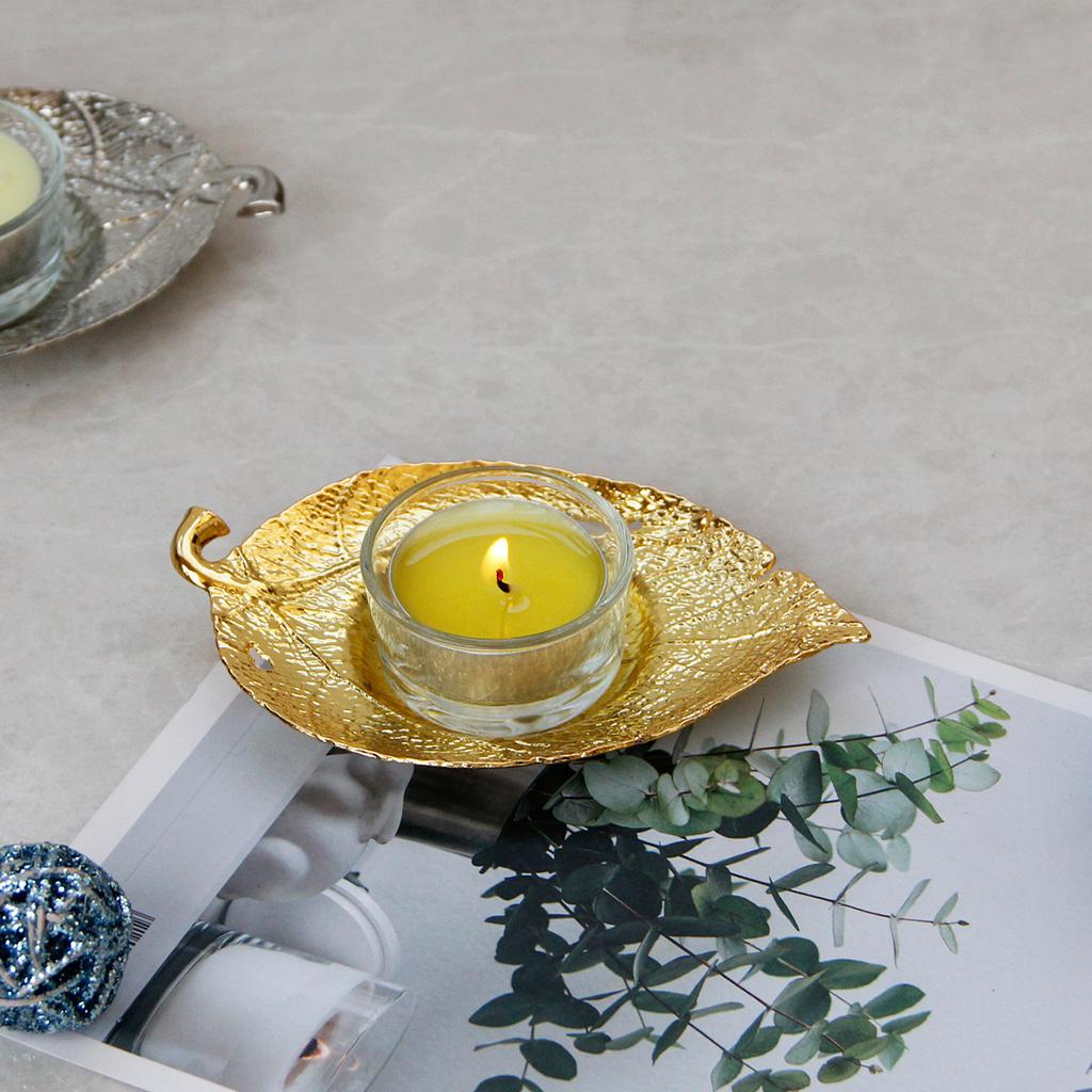 1PC Luxury Nordic Natural Wind Leaf Shape Gold Silver Candle Holder Tea Wax Small Round Candle Transparent Container Table Top Decoration Candle
