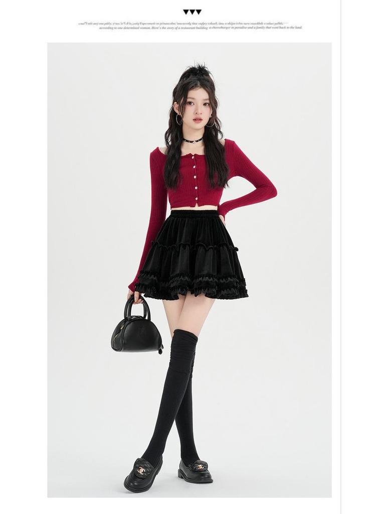 High-Waist Velvet A-Line Fluffy Skirt for Women - Autumn/Winter Collection