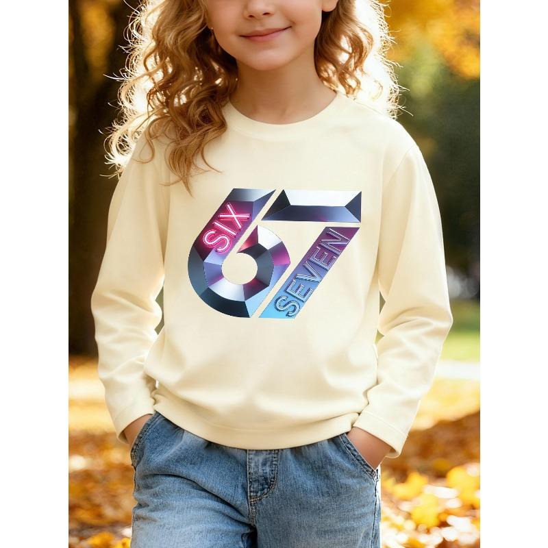 Unisex Kids Black Long Sleeve Tee For 4-12 Boys Girls 3D Metallic Faceted Crystal Number 67 Neon Pink SIX Blue SEVEN Embossed Text Long Sleeve Top