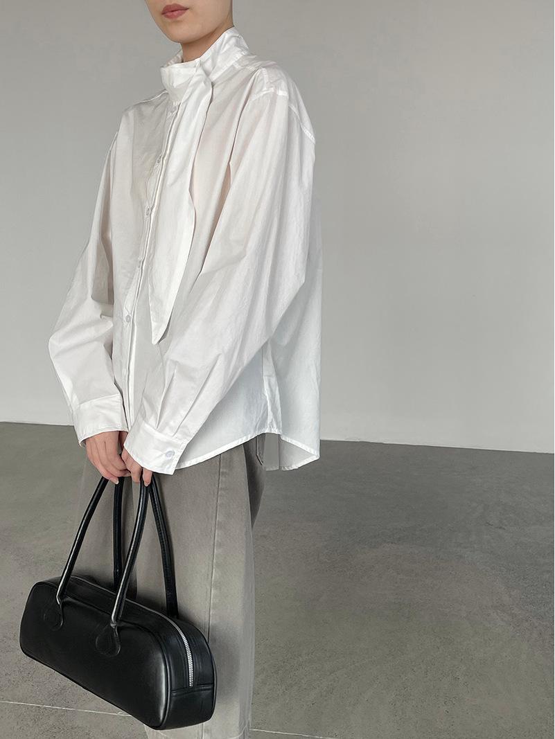 Women s Korean Style Stand Collar Ribbon Shirt - Spring Slimming, Versatile, 100% Cotton, Loose Fit M