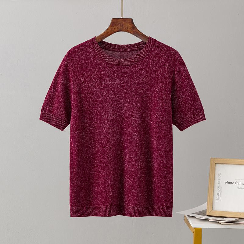 Pletená trička Jednobarevná Kulatý výstřih Krátký rukáv pro ženy Volné pulovrové topy Retro styl Stylové dámské Lesklé ledové hedvábí Šifonové halenky Košile