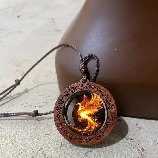 Feuer Phönix Holz Anhänger Halskette, Unisex, verstellbares Band, geeignet für den täglichen Gebrauch und Feiertage