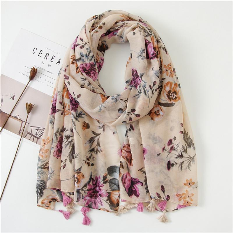 Fashion Printing Flower Tassel Shawl Cotton Viscose Scarf Women Beach Sunscreen Shawl Muslim Hijab Wrap Headscarf 180*90Cm