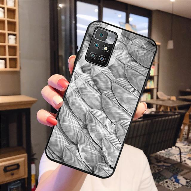 Redmi 9 Fall für Xiaomi Redmi 10 Fall Gehärtetes Glas Abdeckung Redmi 9a 9c Nfc 8a 8 7a 6a Hinweis 8 9 10 Pro Zurück Feder Gemalt Coque