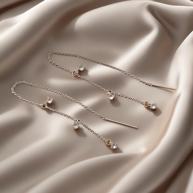 Luxury Gold-Plated Brass Tassel Earrings with Zircon Inlay for Women
