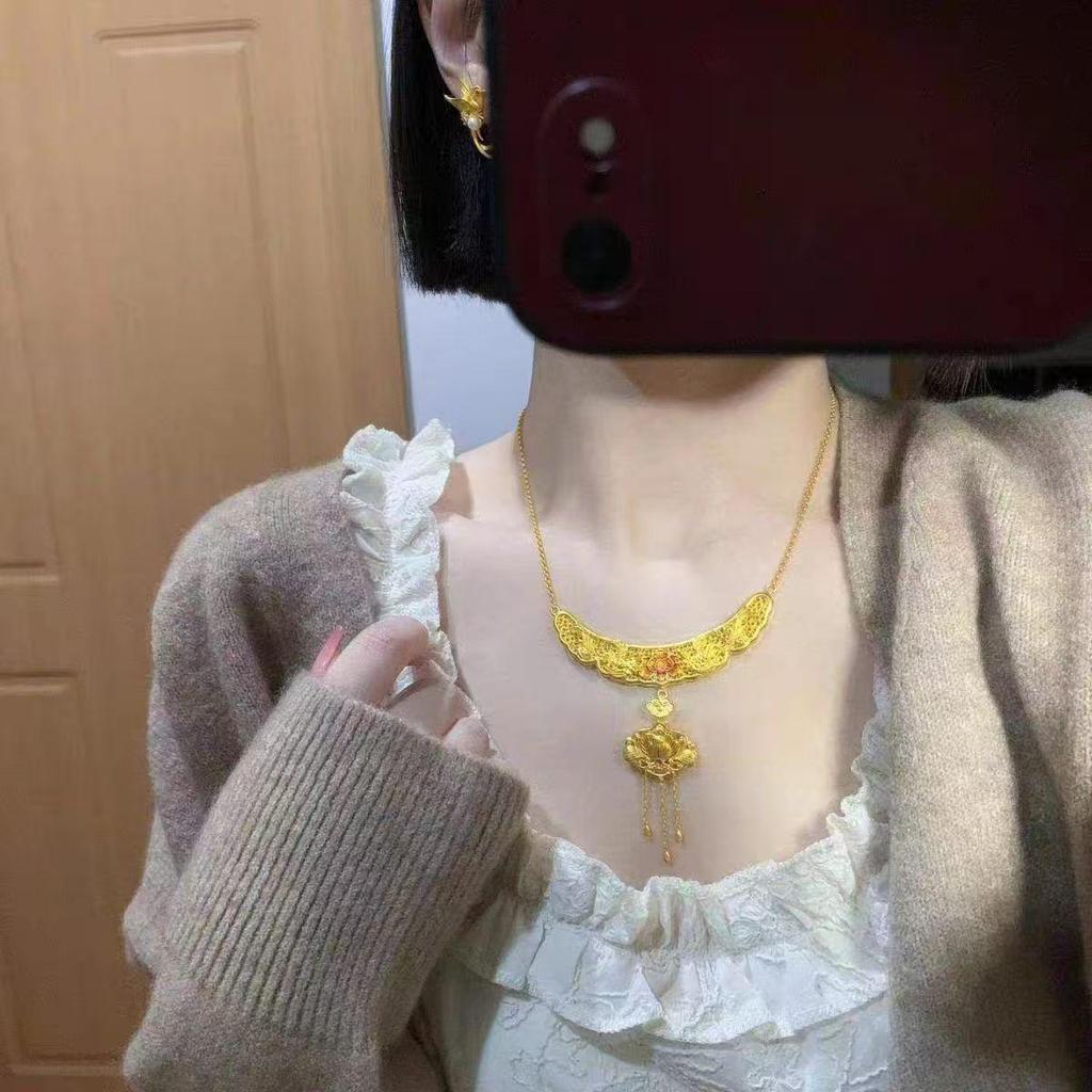 Oriental Beauty Gold Phoenix Cloisonné Lotus Necklace Set with Tassels