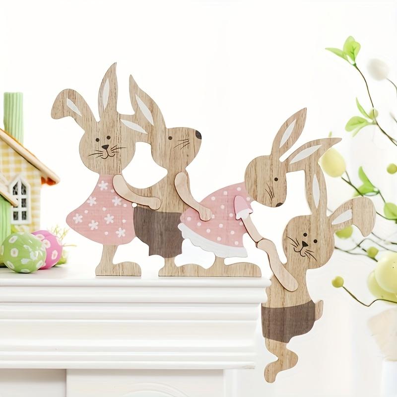 Rustic Wooden Easter Bunny Family Desktop Ornament, Mixed Color, 3D Decoration, No Electricity Required, with Bunny Accessories, for Home and Outdoors