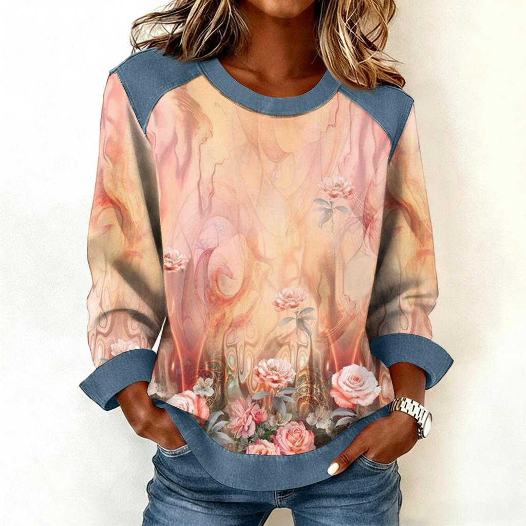 Dames sweatshirt met denim kraag en patchworkstiksels, casual trui met lange mouwen.