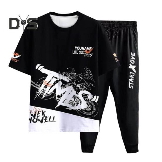 2Pcs/Set Men Summer Sportwear Set Letter Print O-neck Short Sleeve T-shirt Elastic Waist Drawstring Sweatpants Set Sport Outfit