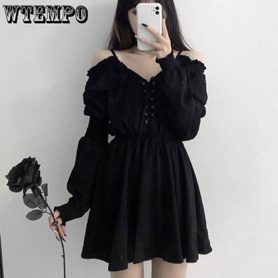 Large Size Gothic Women Black Mini Dress Sexy Off Shoulder High Waist Tunic Ladies Party Dress Long Sleeve V Neck