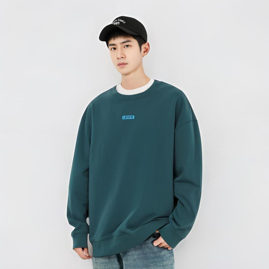 Levis Loose Fit Printed Ribbed Crew Neck Long Sleeve Sweatshirt Men Sweatshirt Peacock-Blue 0019C-0001