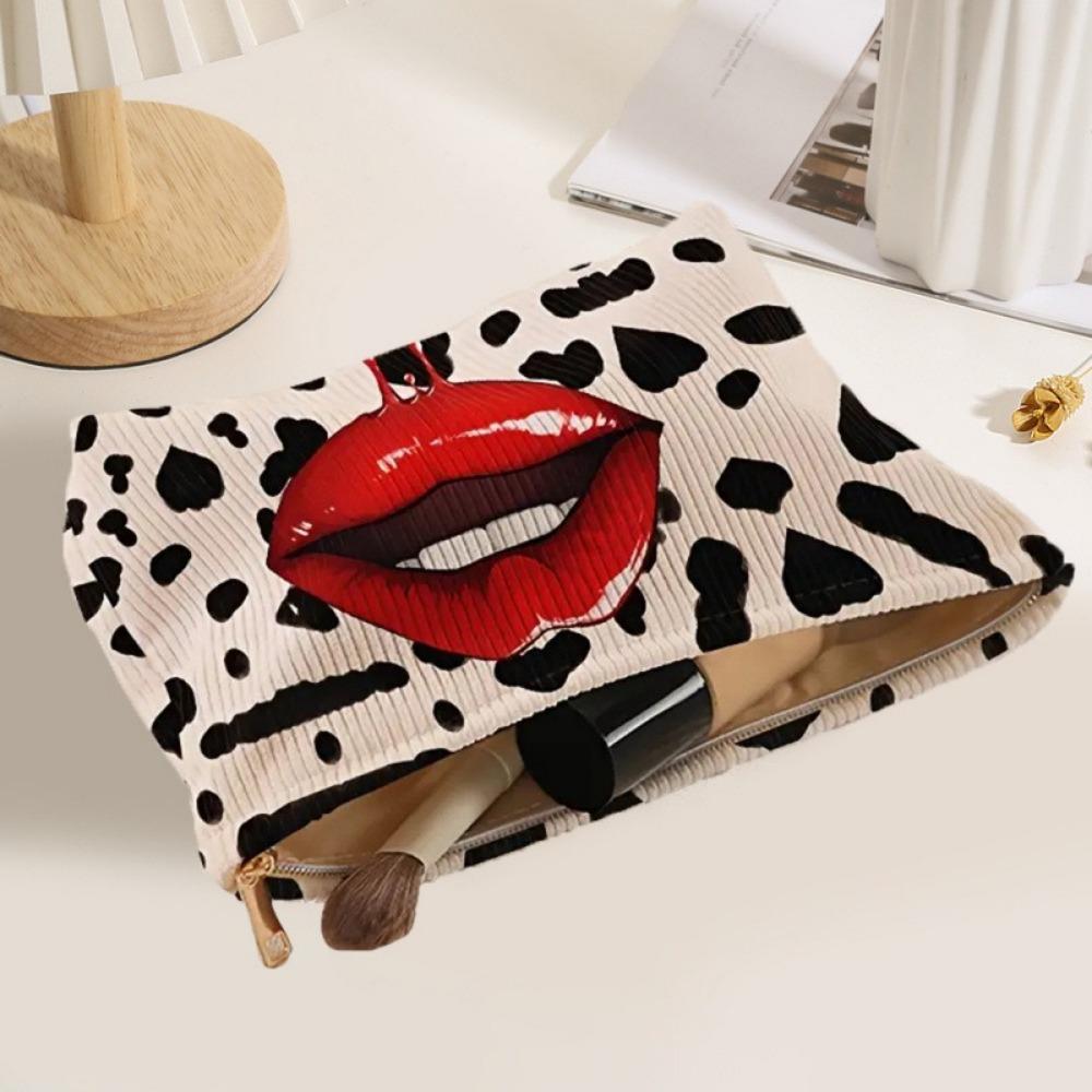 Lip Pattern Printed Makeup Bag with Zipper Lightweight Cosmetic Storage Bag Corduroy Multi-functional Toiletries Organizer