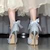 High heels women's 2025 summer new pointed head shallow mouth thin heel bow wedding shoes ribbon pearl chain hollow sandals