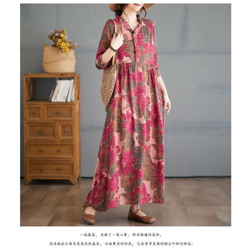 Printed Loose Belly Shading Mulle Lace Long Sleeve Hem Long Dresses