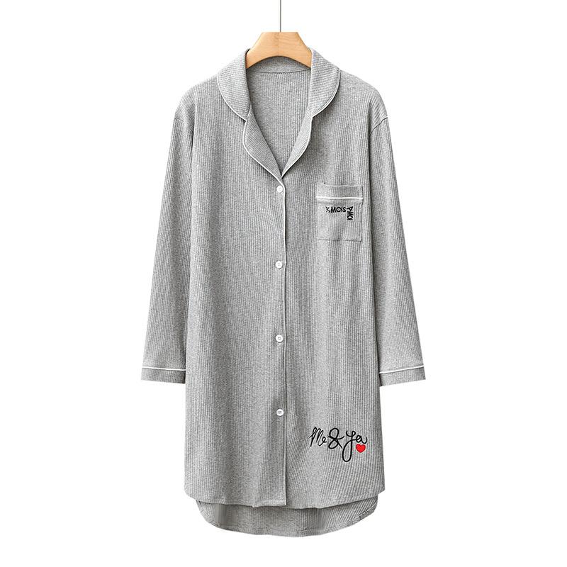 Spring and Autumn Pajamas Korean Version Pajamas Women's Lapel Pit Strips Cotton Long Sleeves Letter Embroidered Medium and Long Skirts Homewear Korea