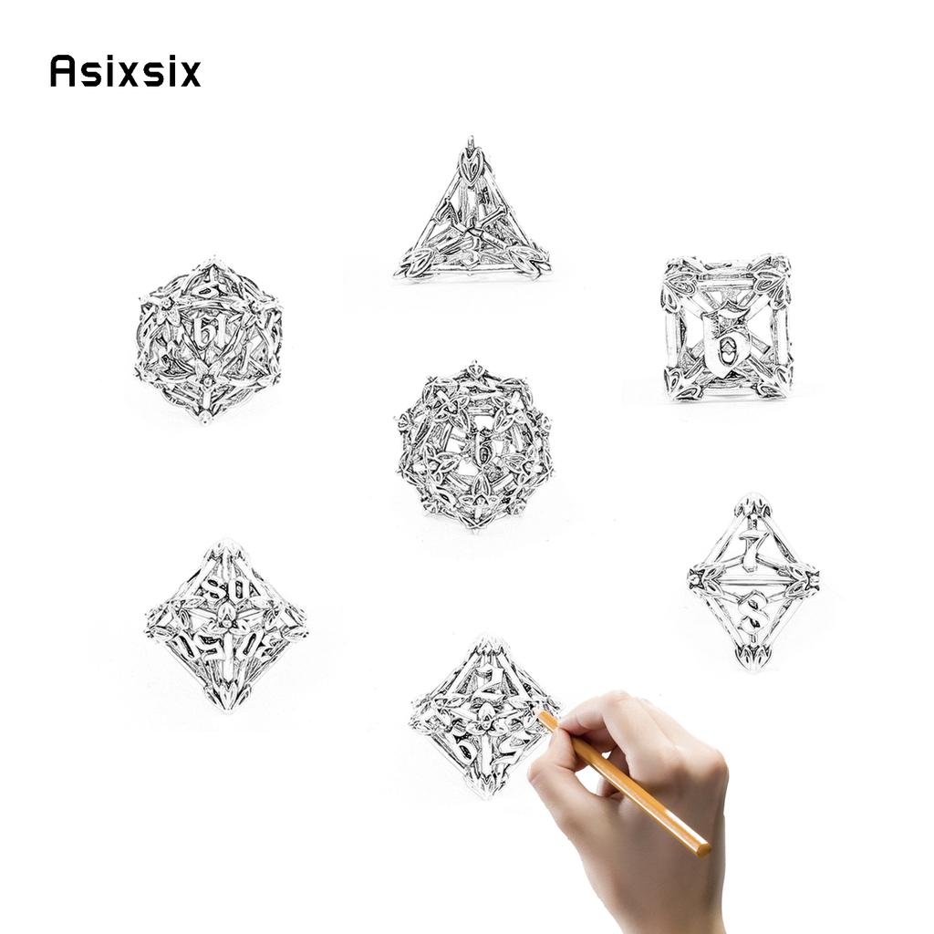 7 Pcs Silver Green Leaf Flower Metal Dice Hollow Metal Polyhedral Dice Set Suitable For Role-Playing Dice PropBoard Game Gift