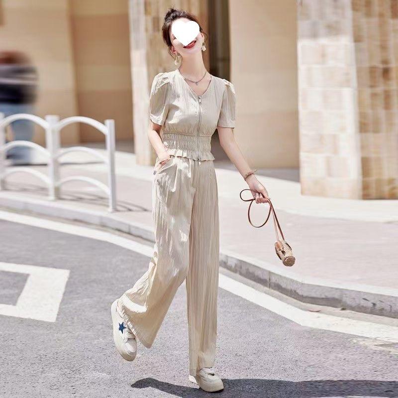 Xiaoxiangfeng Fashion Suit for Women, Summer Temperament, Street Casual, Age-reducing, Western-style Wide-leg Pants Two-piece Set