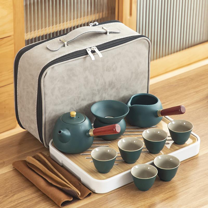 Black pottery Kung Fu tea set, cheap ceramic side handle pot with tea tray, portable complete set of business gifts