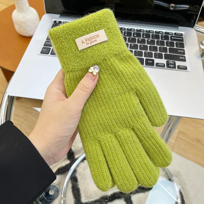 Korean Knitted Wool Gloves Women's Winter Cold Protection Thickened Velvet Candy Color Cycling Bare Fingers Five Fingers