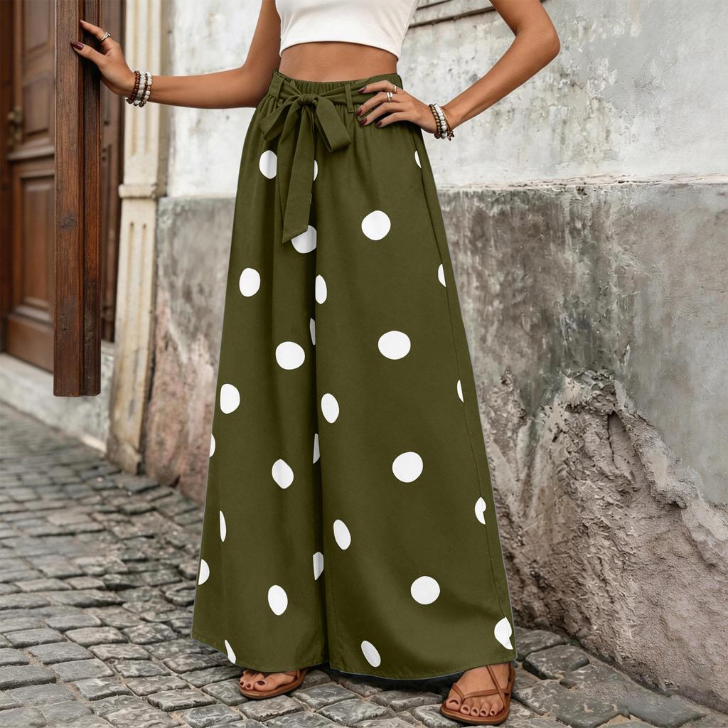 Damen Locker Geschnittene Lässige Weit Bein Hosen Elastischer Bund mit Breitem Gürtel Gepunktetes Muster Bequeme Palazzo Hosen