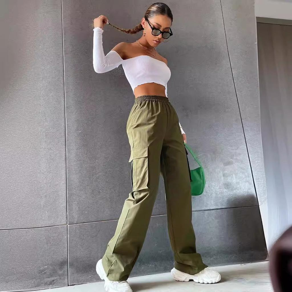 Fashion Women's Clothing Spring and Summer Explosion Solid Color Elastic Waist Flip Pocket Overalls