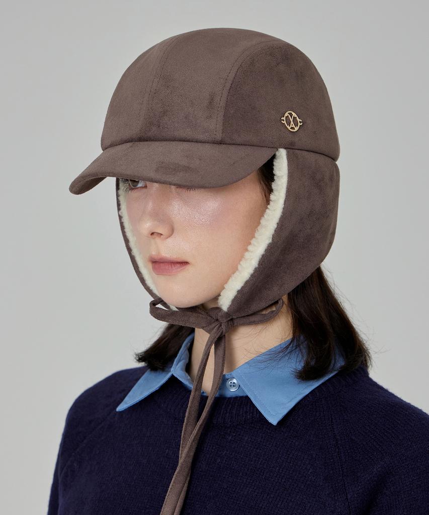 Bajal Va Curved Circle Logo Suede Flap Cap Dark Brown