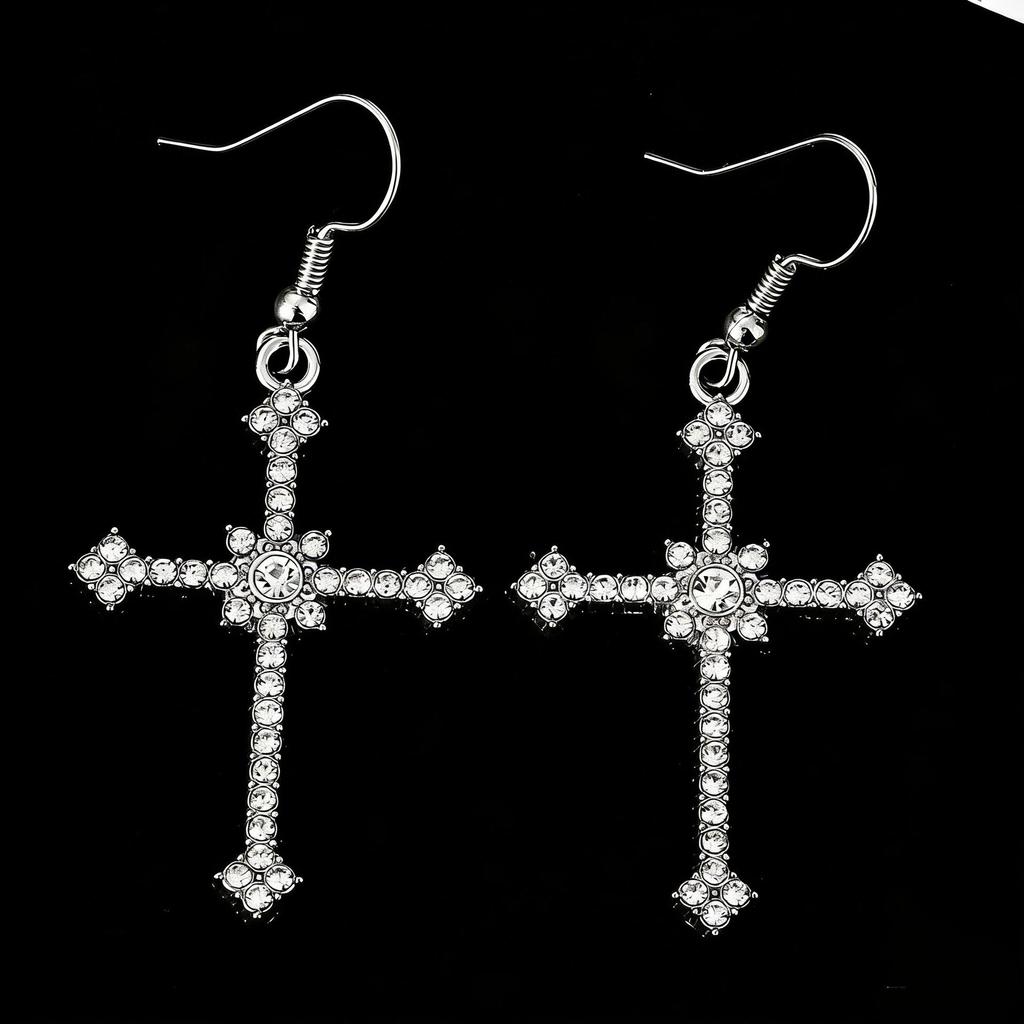 Gothic Rhinestone Cross Dangle Earrings for Women - European and American Style