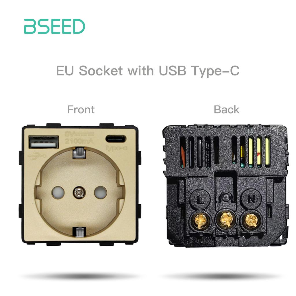 BSEED DIY EU Standard TV Satellite USB Sockets Button Switches With Crystal Glass Frame Panel Gold Home Improvement DIY Free