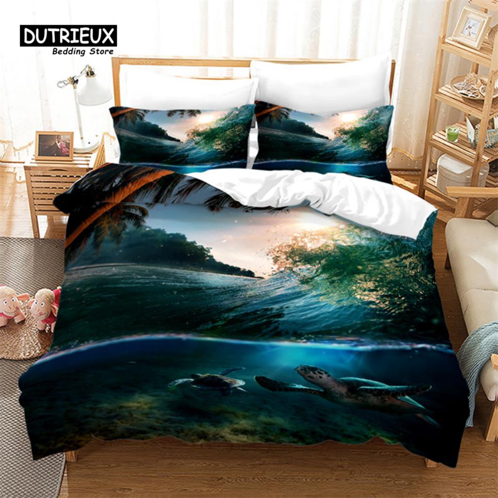 Seashell Starfish Duvet Cover Beach Theme Bedding Set Microfiber 3D Waves Comforter Cover For Kids Teens Girls Boys Room Decor