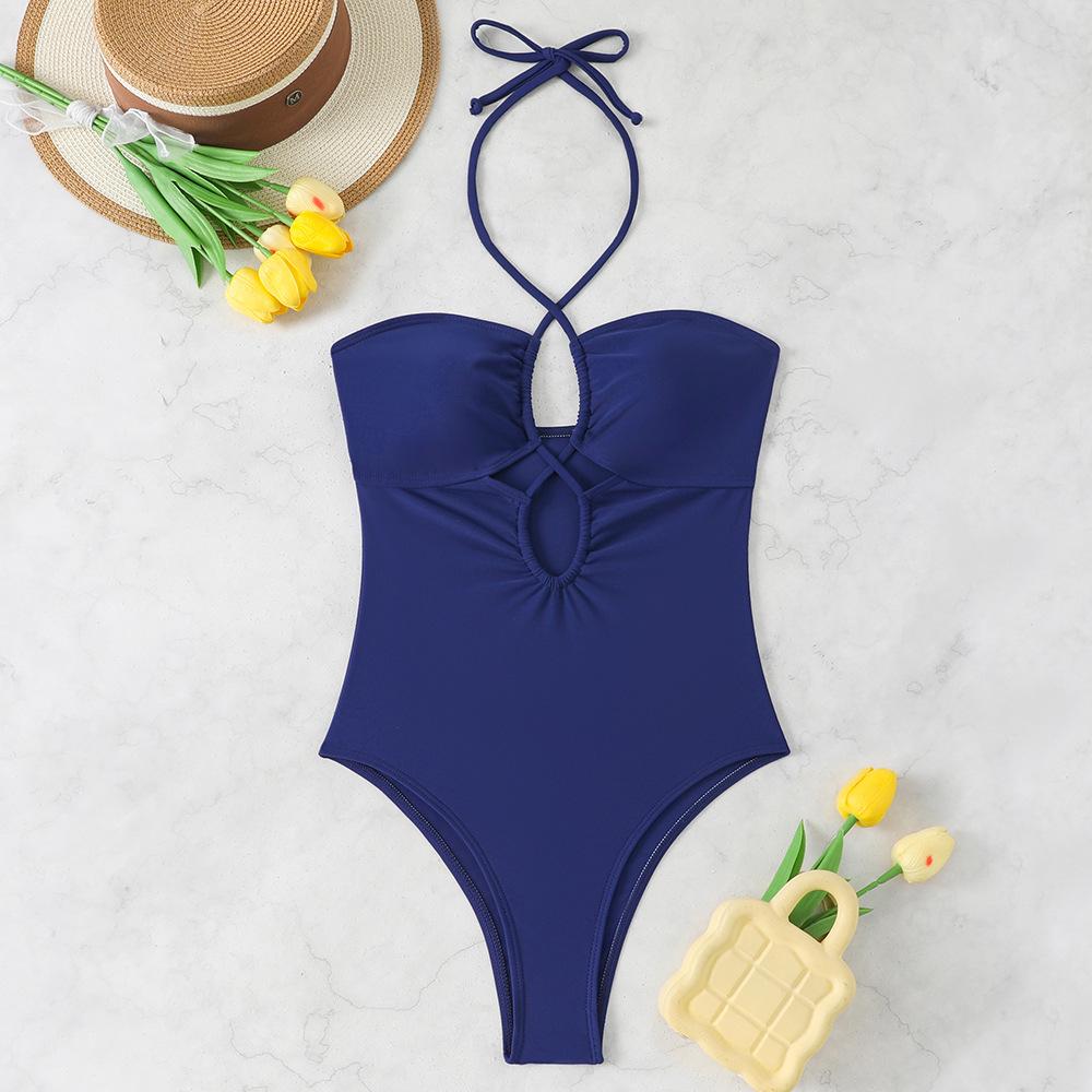 Mode Effen Kleur Halterband Slank Driehoek Bikini Badpak Voor Vakantie