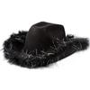 Wide Brim Western Cowboy Hat Furry Trim Top Hat Classic Cowgirl Hat  Street Party