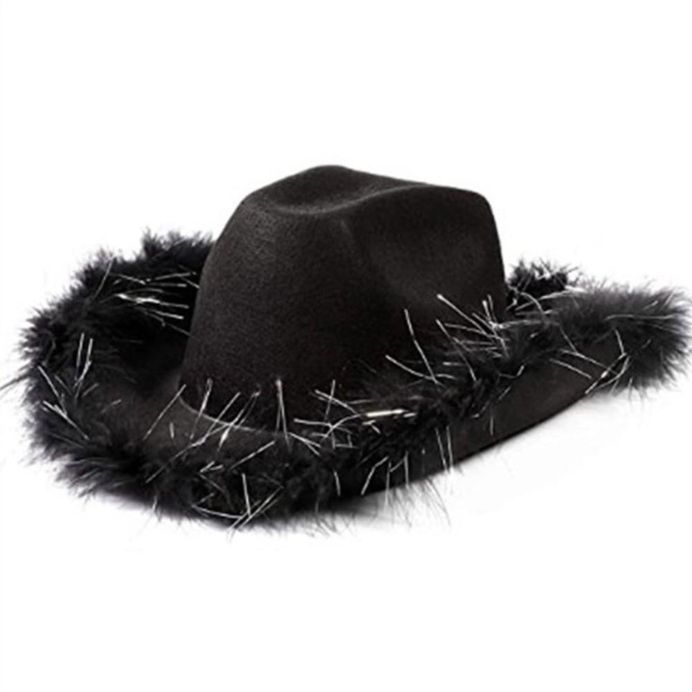 Wide Brim Western Cowboy Hat Furry Trim Top Hat Classic Cowgirl Hat Street Party