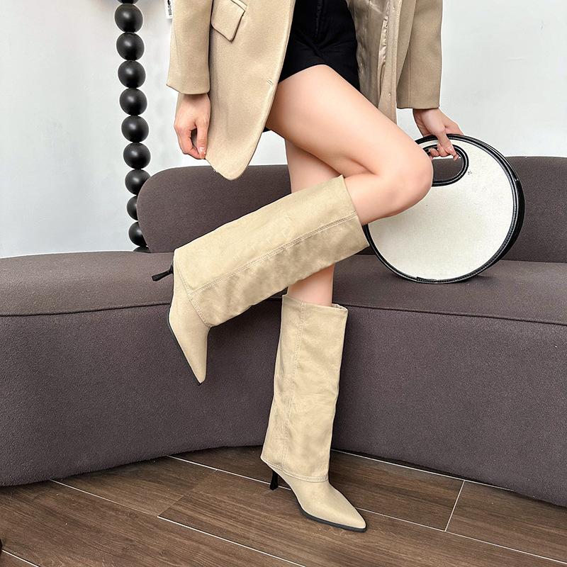 Fashion Women Chunky High Boots Pointed Toe Boots Fashion Leather Punk Chelsea Boots New Designer Pumps Knee High Woman Boot Botas Mujer