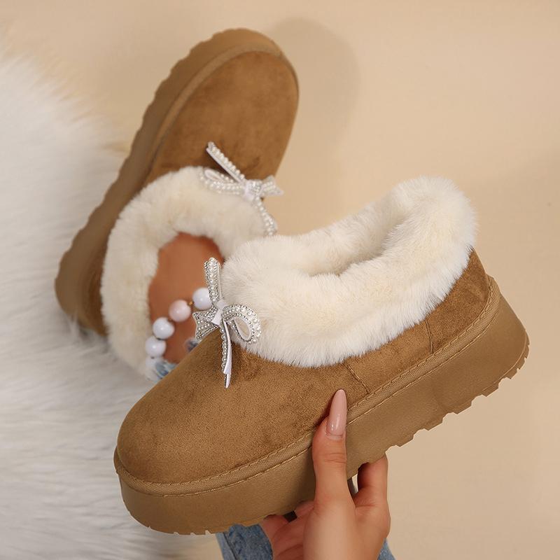 Crystal Bowknot Faux Fur Snow Boots Women Winter Warm Thicken Plush Platform Ankle Boots Woman Non Slip Thick Sole Cotton Shoes