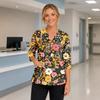 Women's Floral Print V-Neck Scrub Top with Pockets Side Slit Three-Quarter Sleeves