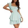 Women Mini Dress Ruffled Sleeves Square Neck Layered Hem A-Line Solid Color