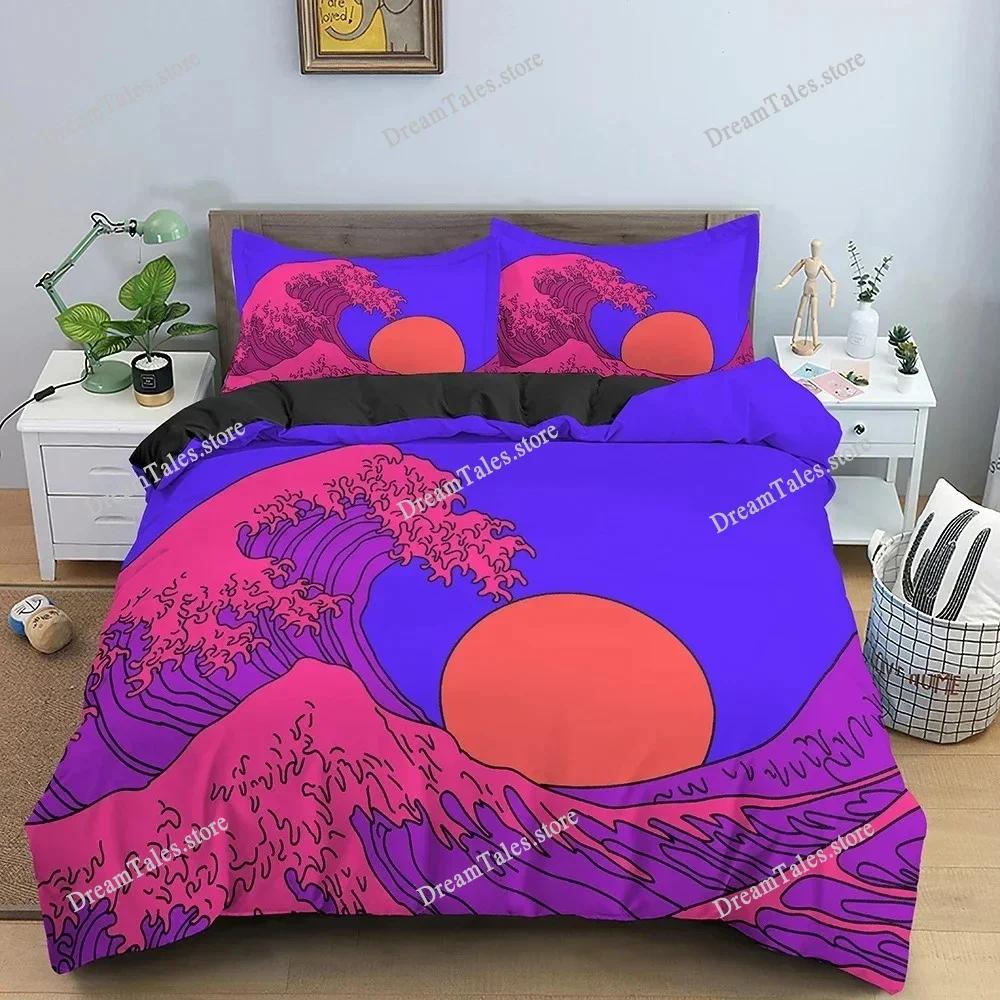 Retro Bedding Set Abstract Duvet Cover Set Waves and Sunset Pattern Comforter Cover with Pillowcase King Queen Home Textiles369