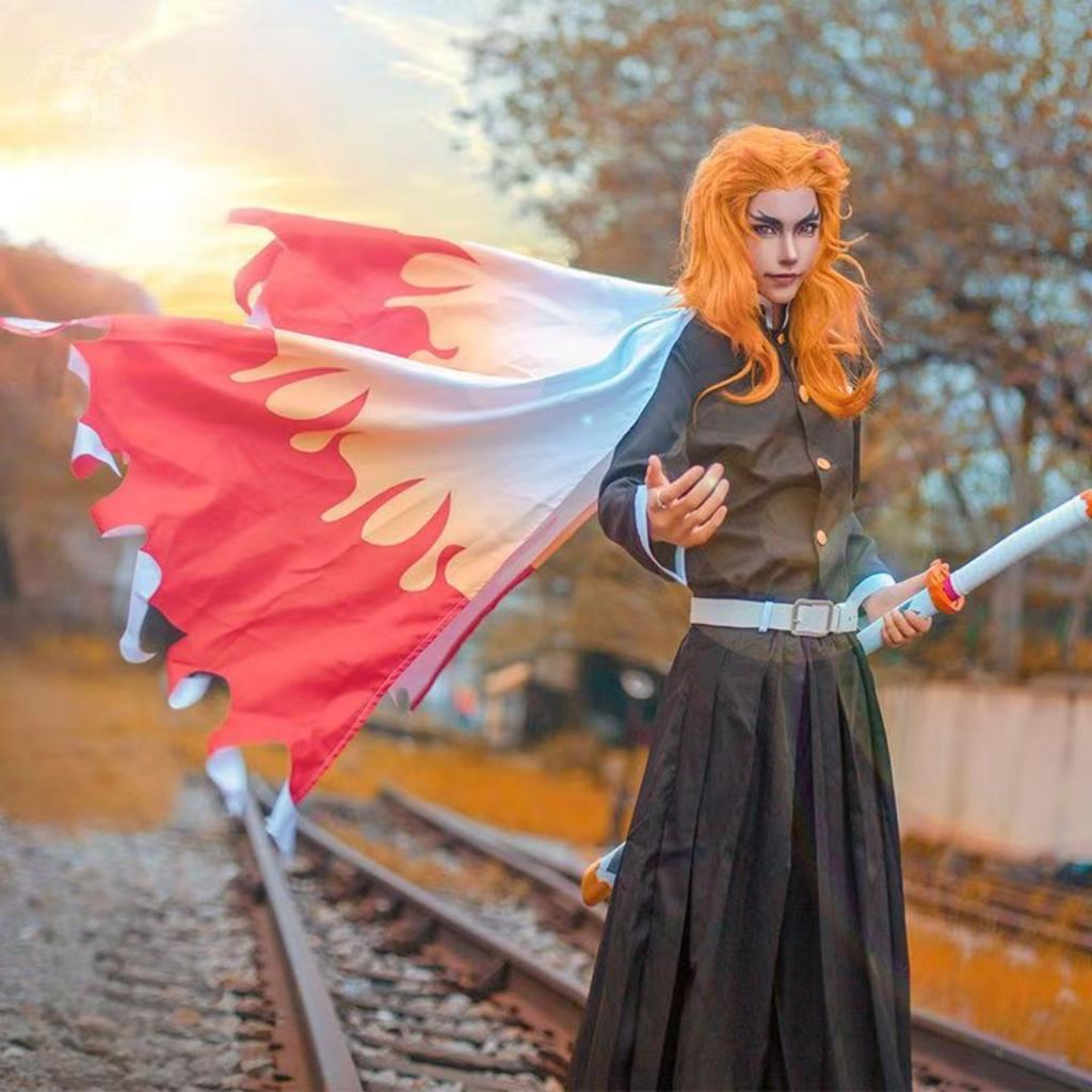 Anime Train Mugen Demon Slayer Rengoku Kyojuro Cosplay Costumes Kimetsu No Yaiba Robe Suits For Adult Kids Wigs Cos Outfit Party