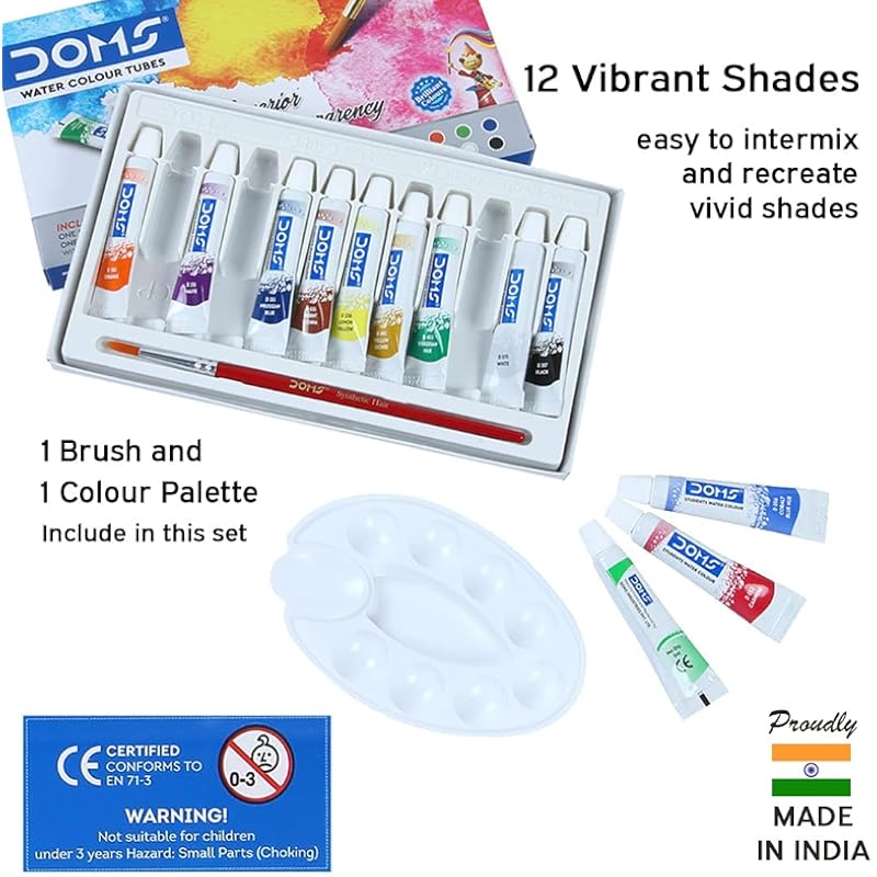 Doms Non-Toxic Water Colour Tube Set in Cardboard Box (12 Assorted Shades, 1 Paint Brush & 1 Palette)