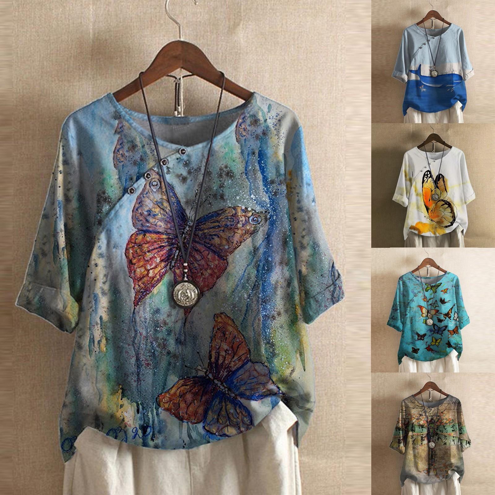 

Женские осенние топы больших размеров, льняная футболка с рукавом 3/4 и пуговицами, блузка