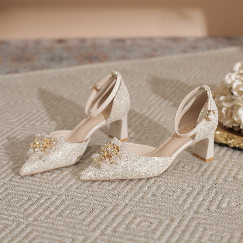 

Rhinestone high heels women s spring new thick heel single shoes women pointed daily wear hollow sandals 39