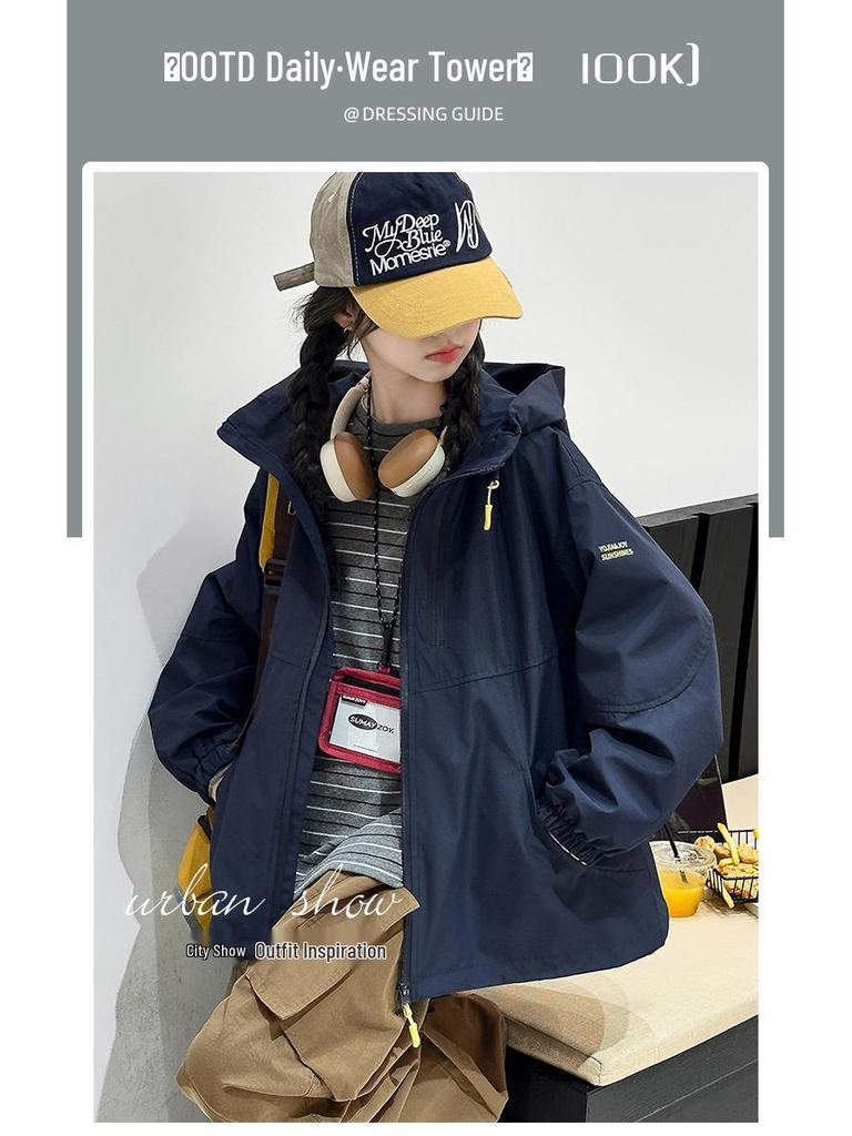 Girls' Double Zipper Hooded Windbreaker - Autumn 2025 Korean Style Casual Sports Jacket for Big Kids