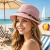 Elegant Women's Beach Straw Hat with Belt Embellishment - Breathable Openwork Sun Hat Summer Travel Vacation Bucket Hat
