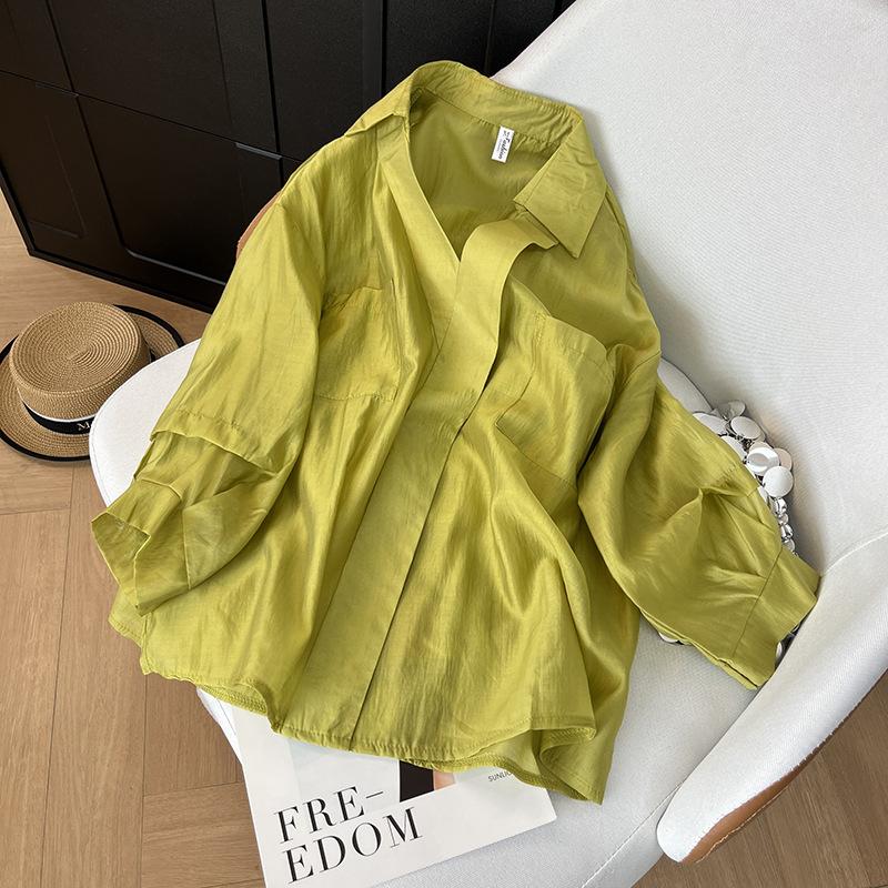 

Luxury high-end linen shirt European lazy style loose large size commuting chic lapel top M [recommended below 50kg] жовто-зелений