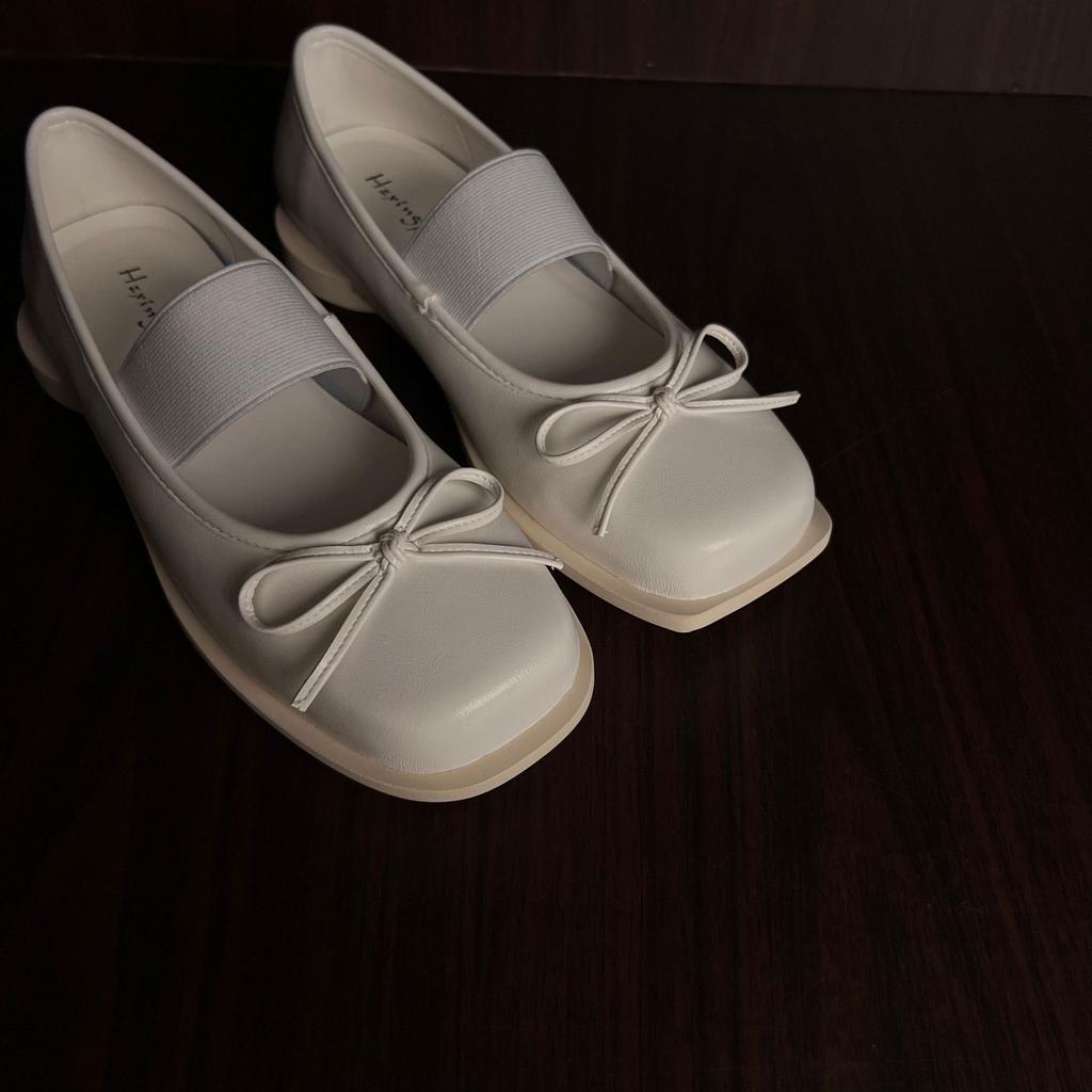 Retro Shallow Square Toe Ballet Shoes Women Bow New One Word Belt Round Thick Heel Mary Jane 2025 Slip On Black Casual Shoes