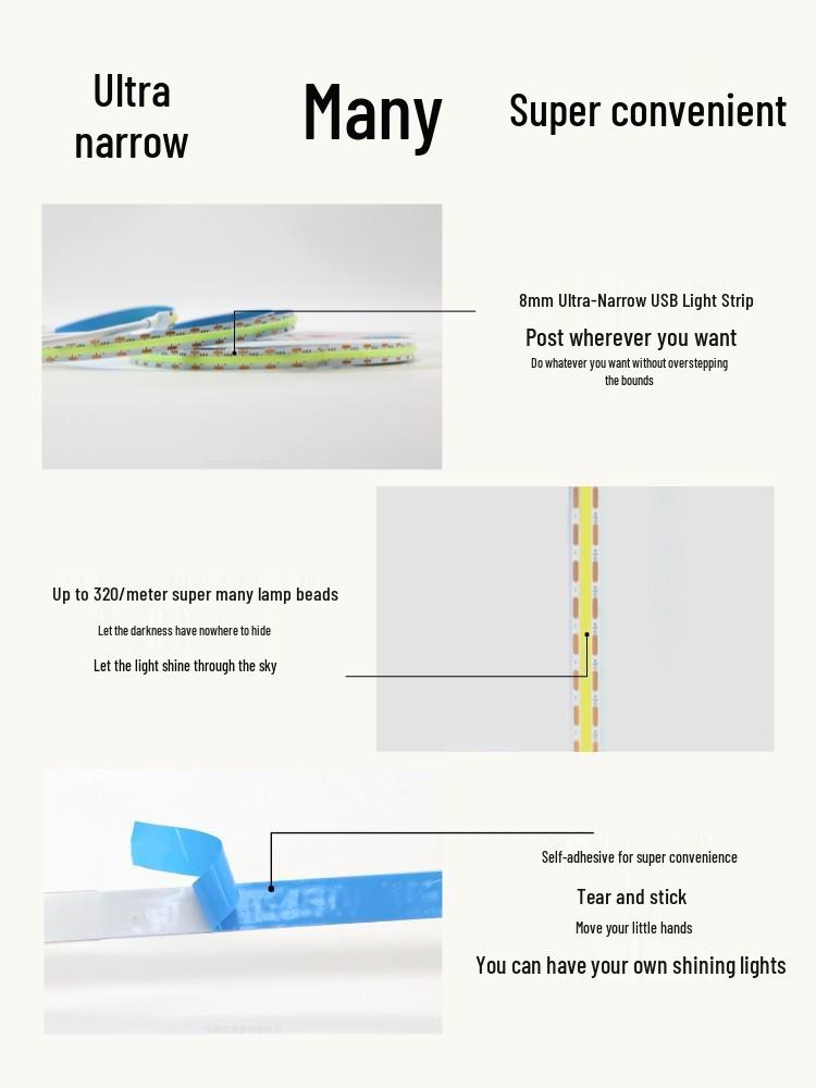 Pasek świetlny COB USB 5V: Samoprzylepne, sterowane przełącznikiem, miękkie oświetlenie tła telewizora, bez punktów świetlnych