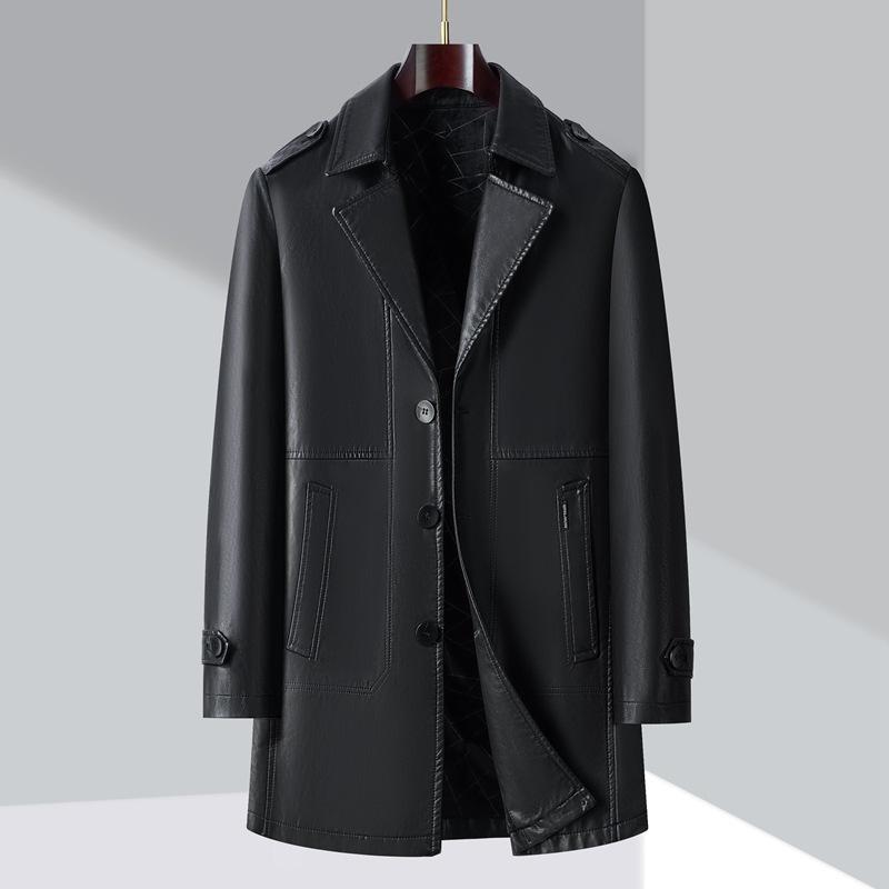 Korean Style Fashionable Simple Mid-length Leather Windbreaker Autumn and Winter New Business Casual Middle-aged and Young Men's Leather Jacket