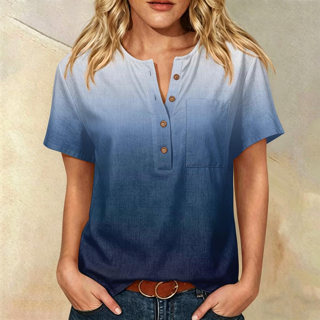 Women’s Fashion Printed Henley Button Neck Short Sleeve Cotton Linen Shirt with Chest Pocket Gradient Design Loose Fit Top